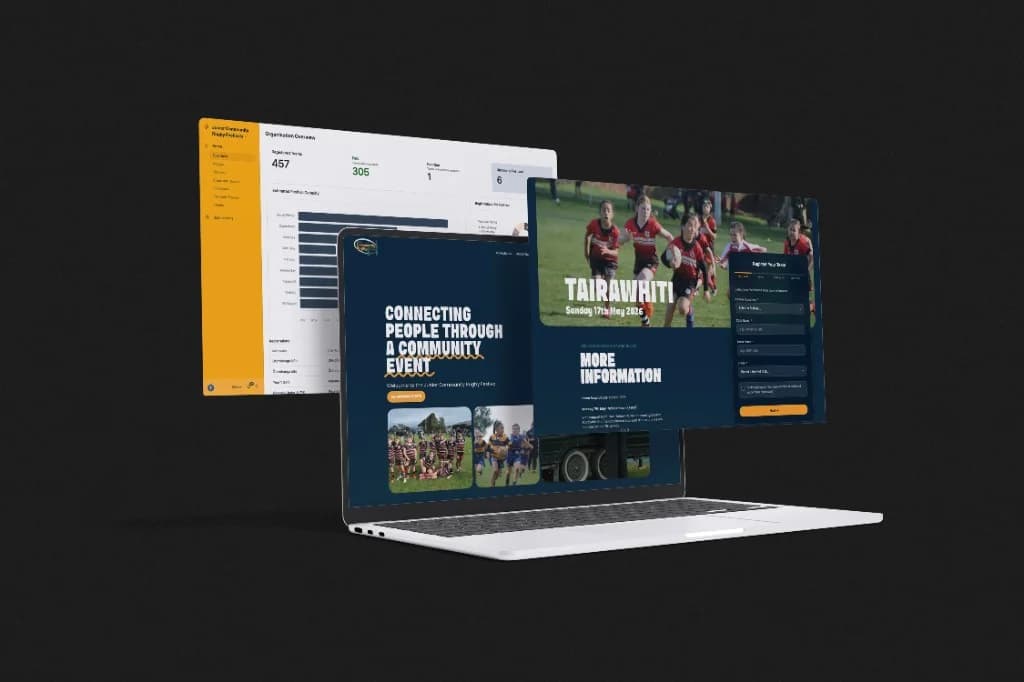 Junior Community Rugby Festivals website mockup showing the registration landing page, organisation dashboard, and multi-step team registration form